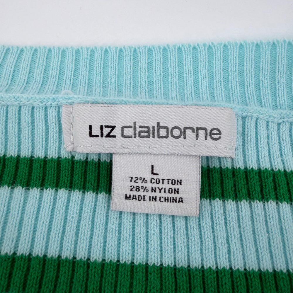 Liz Claiborne Womens L Blue Green Striped Sweater Ribbed Boat Neck Long Sleeve - Picture 3 of 5